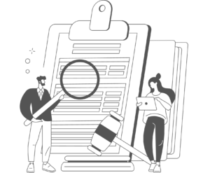 black and white image shows two generic cartoon individuals, one bearded holding a magnifying glass searching a large document on a clipboard. The second individual is looking something up on a tablet.